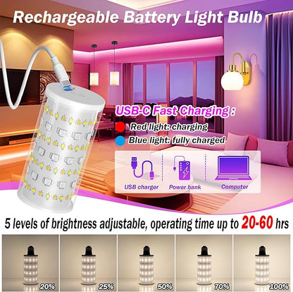 Battery Operated Light Bulb With Remote Control, 2 Pack Rechargeable Light Bulbs 360° lighting For Non-Hardwired Lamp, 10000mAh RGB Dimmable Bulbs Lighting Time Up To 60 Hrs for Home Power Outage