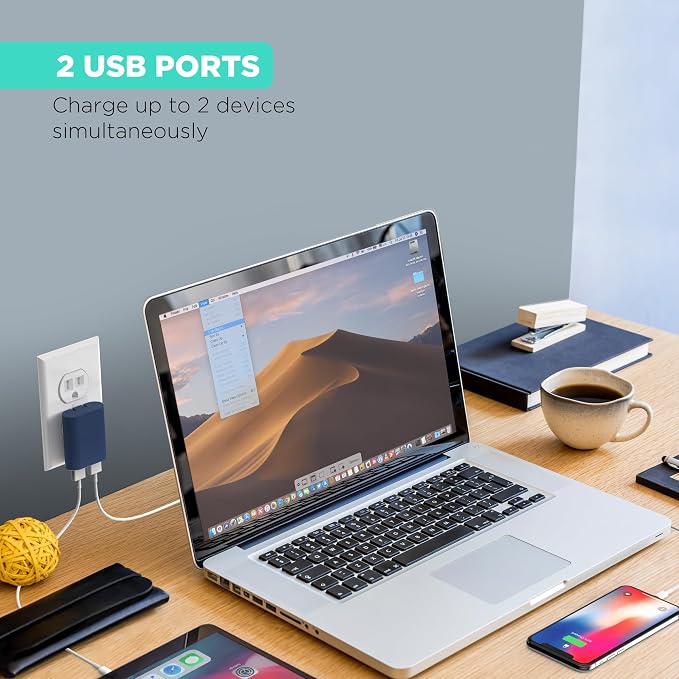 iHome Slim 2-Port USB Wall Charger, Flat Multiport Travel Plug Adapter | Dual USB-A ports, 2.4A Rapid Charge, Foldable Prongs, Slim Design, Compatible with iPhone, Android, iPad, AirPods for Home