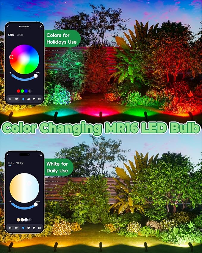 Upgraded Bluetooth MR16 RGBW Smart Bulb, 12V RGB MR16 LED Bulb Color Changing, CCT Tunable 2700K to 6500K, Dimmable with Remote and App Control for Outdoor Low Voltage Landscape Lights 2PCS