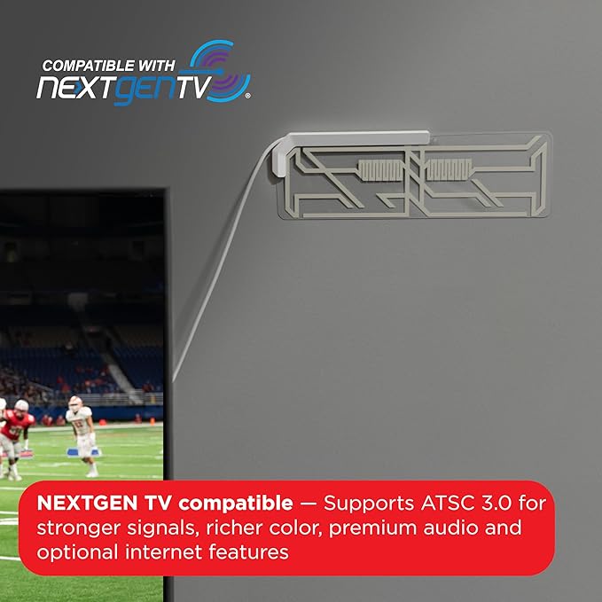 UltraPro Indoor TV Antenna for Smart TV, Long Range HD Local Channels, Easily Mount on Wall or Window, Supports 4K 1080P HDTV VHF UHF, 360° Reception, Clear, 86002
