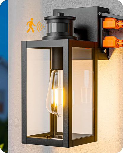 EDISHINE Black Motion Sensor Dusk to Dawn Outdoor Wall Light with Outlet
