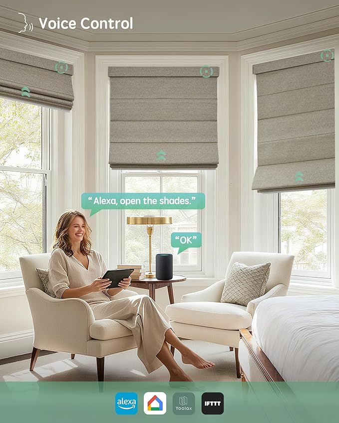 Yoolax Motorized Roman Shades with Remote, Smart Roman Shades for Indoor Windows, Blackout Automatic Blinds Work with Alexa, Google, Apple Homekit for Living Room Bedroom, Customized (Caramel Gold)