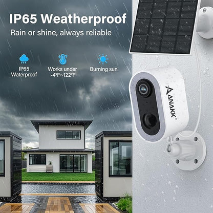 Solar Security Cameras System Wireless Outdoor, 1 Camera Home Surveillance, Color Night Vision, 24/7 Recording, Motion Detection, Weatherproof