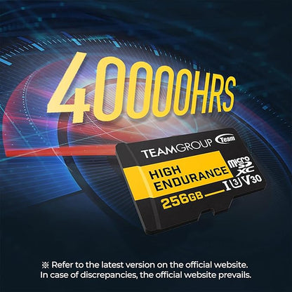 TEAMGROUP HIGH Endurance 256GB Micro SDXC UHS-I U3 V30 4K 100MB/s (Designed for Monitoring) Stable Durable Long Lasting Flash Memory Card, Support 4K & Full HD Video Recording TTUSDX256GIV3002