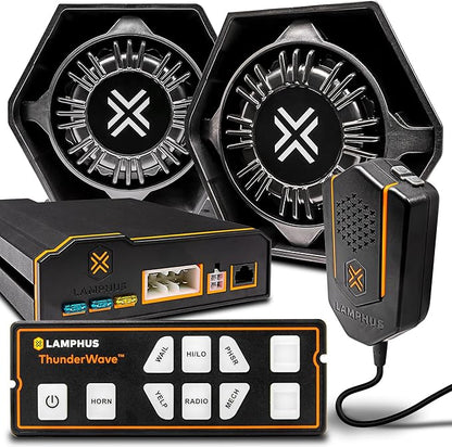 LAMPHUS ThunderWave 200W Emergency Police Siren Kit [Remote Controller][2x15A Switches][Hands-Free Air Horn][3.5mm Input][Radio Rebroadcast] Warning PA System for Emergency Vehicles Trucks UTV POV