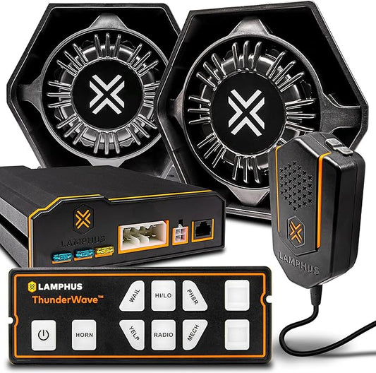 LAMPHUS ThunderWave 200W Emergency Police Siren Kit [Remote Controller][2x15A Switches][Hands-Free Air Horn][3.5mm Input][Radio Rebroadcast] Warning PA System for Emergency Vehicles Trucks UTV POV