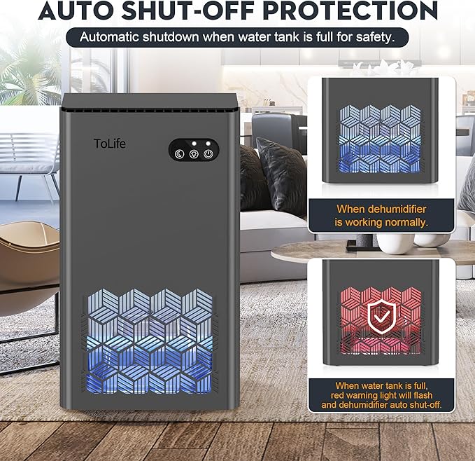 ToLife Dehumidifier for Home 95 OZ Water Tank, 1000 sq.ft Dehumidifiers for Basement Bathroom Bedroom with Auto Shut Off 7 Colors LED Light, Grey