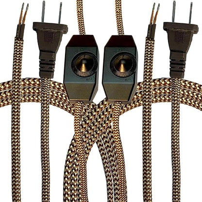 Royal Designs, Inc. Lamp Cord Molded Plug with Dimmer Switch, Stripped Ends Ready for Wiring, 8 ft long, Brown/Gold, SPT-1 UL Listed, Set of 2 (CO-5001D-BR/GL-8-2)