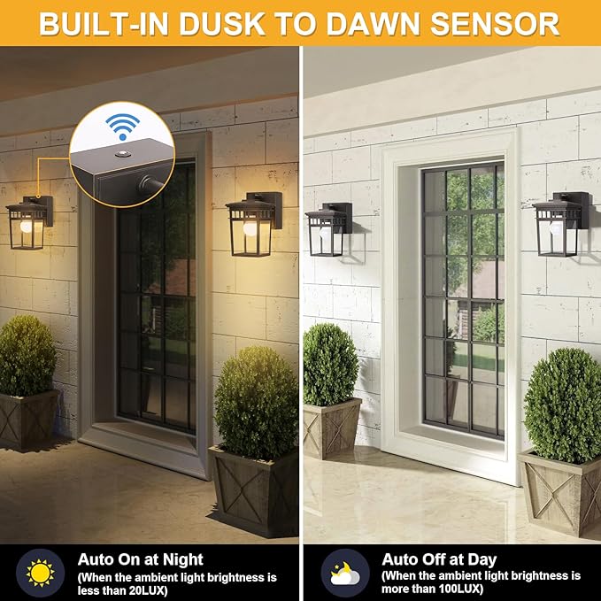2 Pack Porch Lights with GFCI Outlets, Dusk to Dawn Outdoor Lighting Exterior Light Fixtures Wall Mount, Waterproof Alunmium Wall Sconces for House Patio Garage Front Door, 9W LED Bulbs Included(ORB)