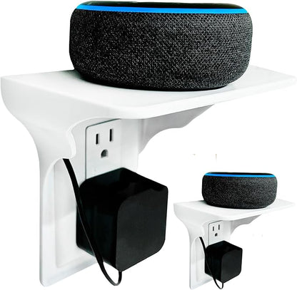Power Perch Outlet Shelf Organizer for Alexa Echo Dot, HomePod Mini Speakers, Phone - Wall Outlet Holder with Cord Storage Strap - Socket Shelf Bathroom Kitchen Counter Charging Station - White 2 Pack