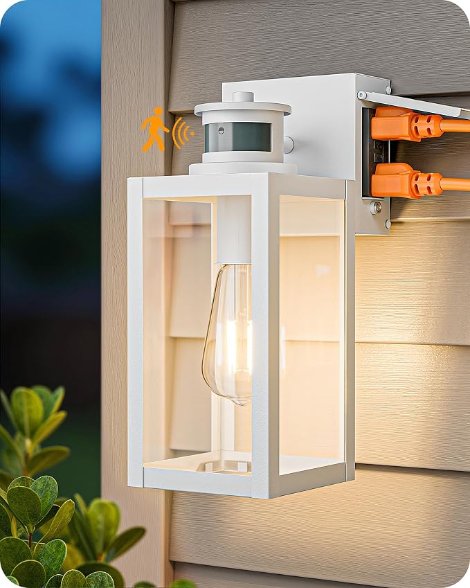 EDISHINE Motion Sensor Dusk to Dawn White Outdoor Porch Light with Outlet