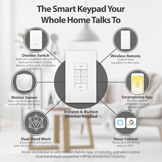Insteon 6-Button Dimmer Keypad, in-Wall Smart Scene Controller - 2334-232 | Controls Up to 5 Devices, 150W LED, Dual-Band Smart Switch, Neutral Wire Required, Hub Required for Alexa & Google Assistant