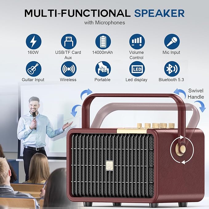 SUPNIU 320W Peak Power Karaoke Machine with Rich Deep Bass for Adults Portable Bluetooth Singing PA Speaker System Bass/Treble Adjustment with 2 UHF Wireless Microphones for Home Party Wedding Outdoor