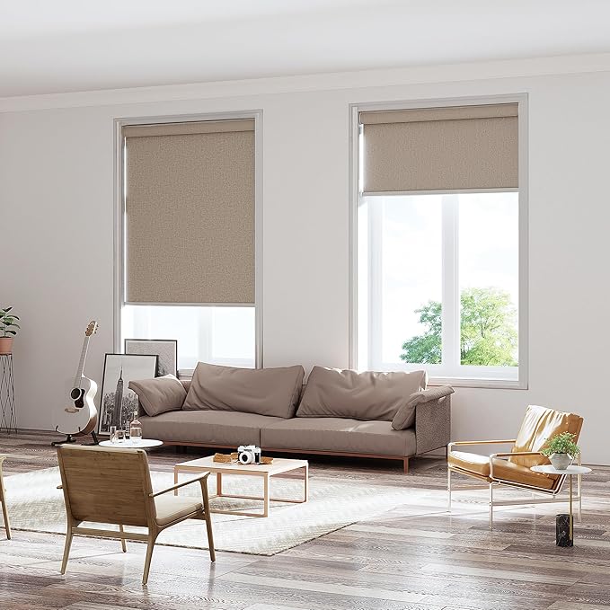 Changshade Custom Size Cordless Roller Shades with Valance, Blackout Roller Shades for Windows Roll-up Fabric Blinds with Thermal Insulated for French Door, Easy Installation Khaki Brown
