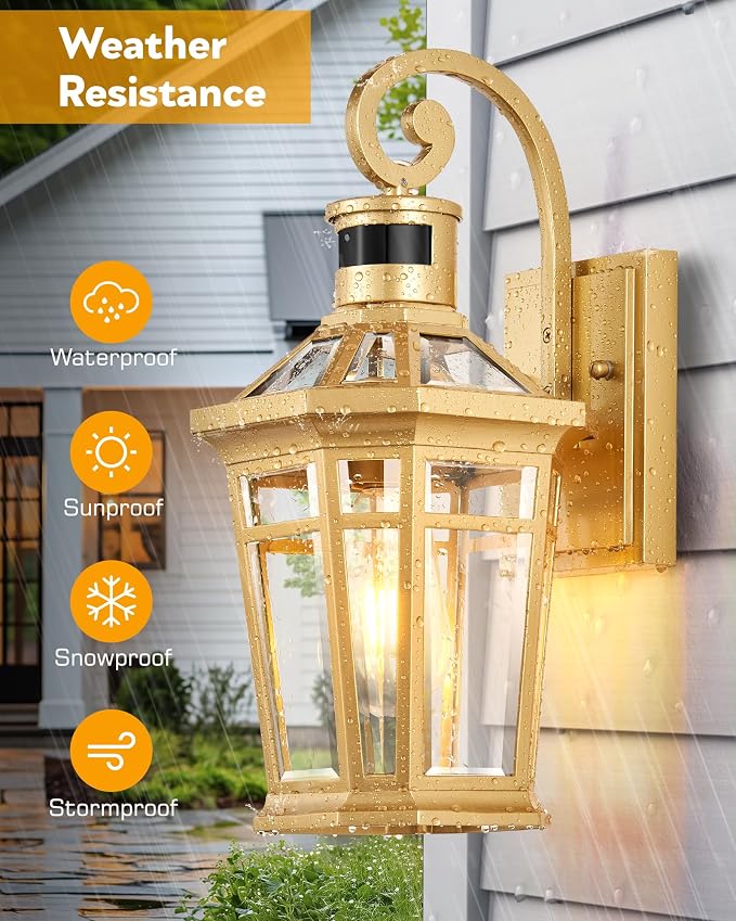 Motion Sensor Front Porch Light, Gold Outdoor Light Fixture Wall Mount, Outdoor Wall Lantern Sconce Light with Beveled Glass, Waterproof Carriage Lights Exterior, Coach Lights for Garage, Patio