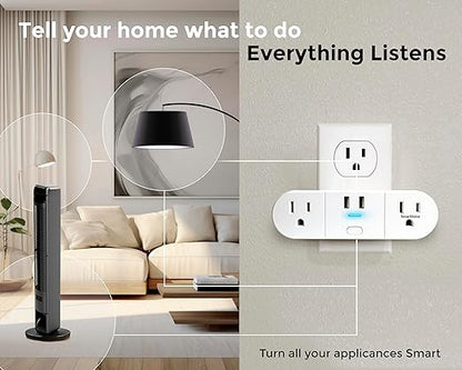Emerson SmartVoice 4-in-1 Dual Wall Plug, Offline 30+ Voice Control Commands, No APP, No WiFi, No Setup, Smart Outlet w/ 2 AC Outlets, 2 USB-A Ports, Sleep & Wake Timer, ETL Listed