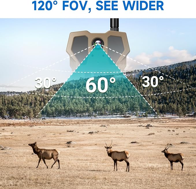 4G Cellular Trail Camera w/Live Feed, AI Detection for Deer, 33MP Photo 2K HD Video, Solar-Powered Live Streaming Game Camera No-Glow IR Flash, 120° FOV, IP65 Waterproof, 32GB SD Card Included
