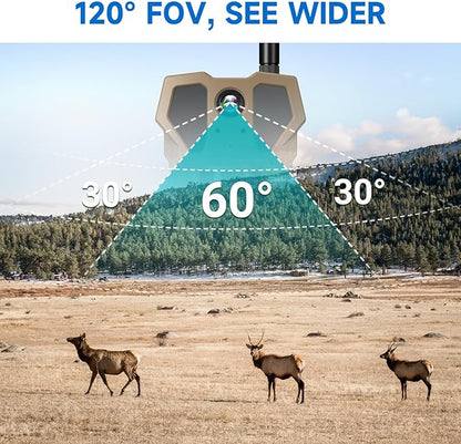4G Cellular Trail Camera w/Live Feed, AI Detection for Deer, 33MP Photo 2K HD Video, Solar-Powered Live Streaming Game Camera No-Glow IR Flash, 120° FOV, IP65 Waterproof, 32GB SD Card Included