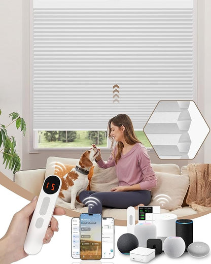 Kincmo Motorized Cellular Shades, Custom Motorized Blinds with Remote, Cordless Smart Electric Honeycomb Blinds Work with Apple HomeKit, Alexa, Google (100%-Blackout-Single-Cell White)