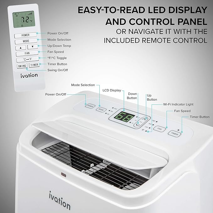 Ivation 12,000 BTU Portable Air Conditioner with Wi-Fi for Rooms Up to 450 Sq Ft (8,000 BTU SACC) 3-in-1 Smart App Control Cooling System, Dehumidifier and Fan with Remote, Exhaust Hose & Window Kit