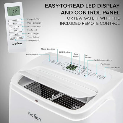 Ivation 12,000 BTU Portable Air Conditioner with Wi-Fi for Rooms Up to 450 Sq Ft (8,000 BTU SACC) 3-in-1 Smart App Control Cooling System, Dehumidifier and Fan with Remote, Exhaust Hose & Window Kit