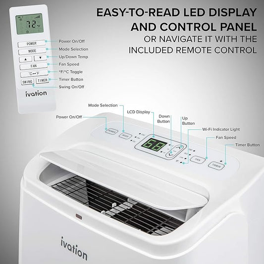 Ivation 12,000 BTU Portable Air Conditioner with Wi-Fi for Rooms Up to 450 Sq Ft (8,000 BTU SACC) 3-in-1 Smart App Control Cooling System, Dehumidifier and Fan with Remote, Exhaust Hose & Window Kit