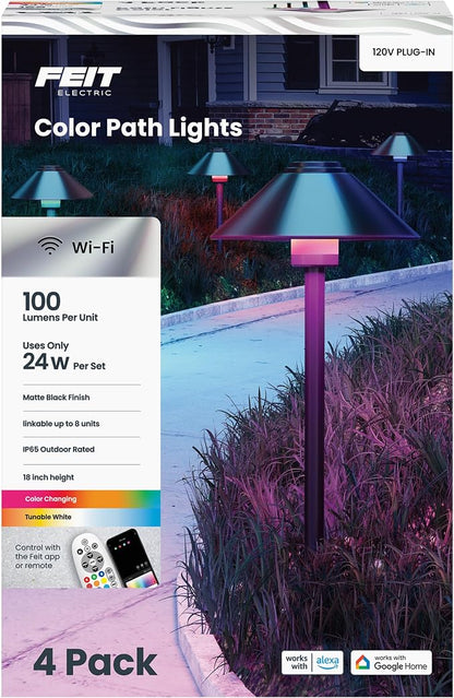 Feit Electric Smart Outdoor Cone Path Lights, 100 Lumens, Color Changing & Tunable White, Music Sync, Works with Alexa & Google Home, App & Remote Control, 15,000-Hour Lifetime, PATH/RGBW/AG/4, 4-Pack