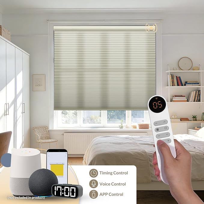Boolegon No Drill Motorized Cellular Blinds with Remote Motorized Blackout Honeycomb Blinds for Indoor Windows Easy to Install Automatic Cellular Shades for Home,Light Filtering Beige,Custom Size