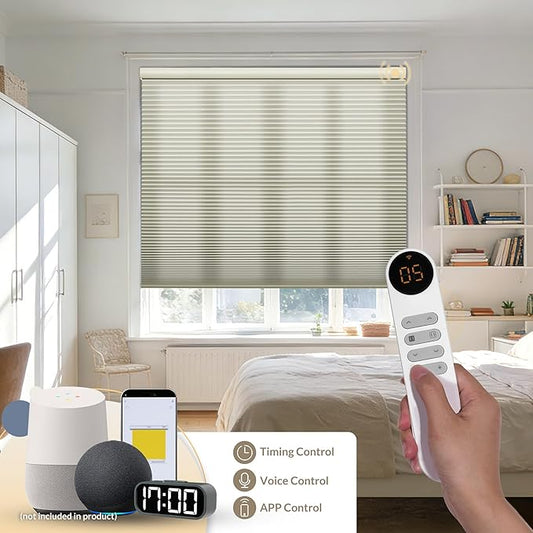 Boolegon No Drill Motorized Cellular Blinds with Remote Motorized Blackout Honeycomb Blinds for Indoor Windows Easy to Install Automatic Cellular Shades for Home,Light Filtering Beige,Custom Size