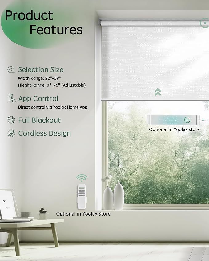 Yoolax Motorized Shades App Control, Light Filtering Automatic Blinds for Indoor Windows, Electric Roller Shades for Bedroom Living Room Office (Soft Jacquard White, 27" W x 72" H)