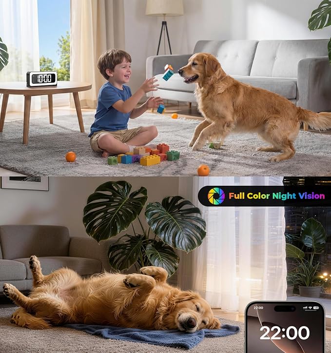 Gyliziex Clock Camera 2K, 5Ghz & 2.4Ghz WiFi Indoor Security Camera with Alarm, Full Colored Night Vision, Smart Motion Detection, Local Storage