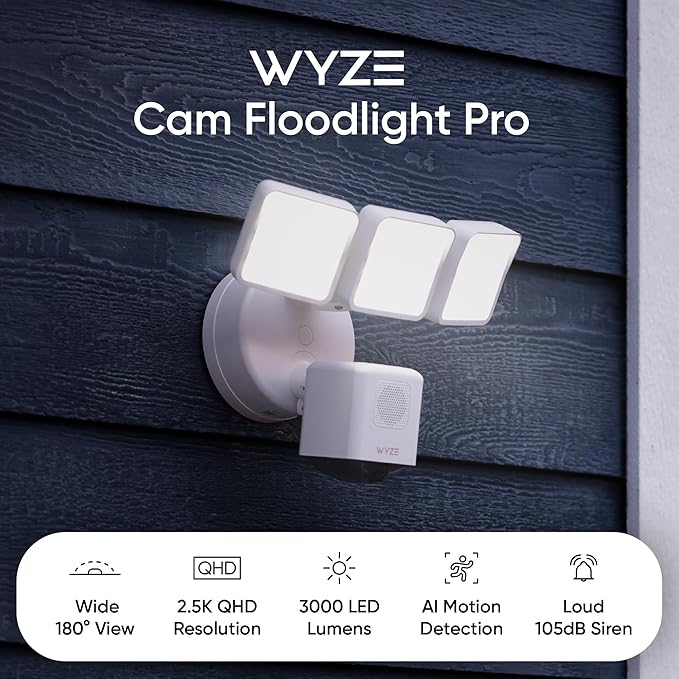 WYZE Floodlight Camera Pro, PCMag Editors' Choice 3000-Lumen LEDs, 2.5K HD Outdoor Security Camera, 180° Wide View, Motion Detection, Color Night Vision, Works with Alexa & Google-White