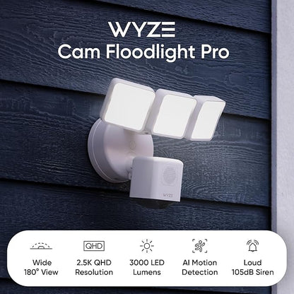WYZE Floodlight Camera Pro, 3000-Lumen LEDs, 180° Wide View, 2K HD Outdoor Security Camera, Motion Detection, 105dB Siren, Cloud & Local Storage, Color Night Vision, Wired (Renewed)