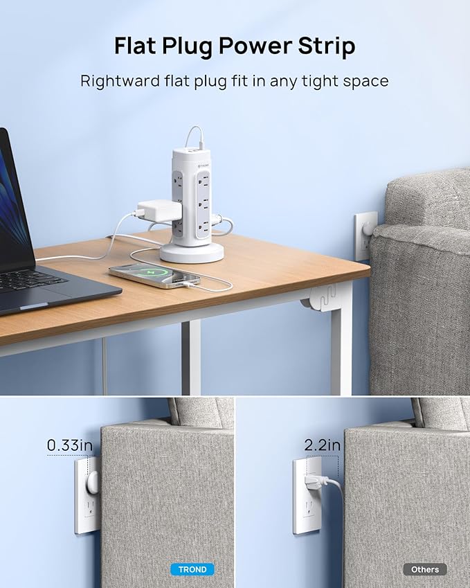 TROND Retractable Power Strip Tower, Space-Saving Surge Protector with USB C PD 20W, 5ft Flat Plug Extension Cord with Multiple Outlets, 4 USB, 1700J, Home Office Desk Supplies, Dorm Room Essentials