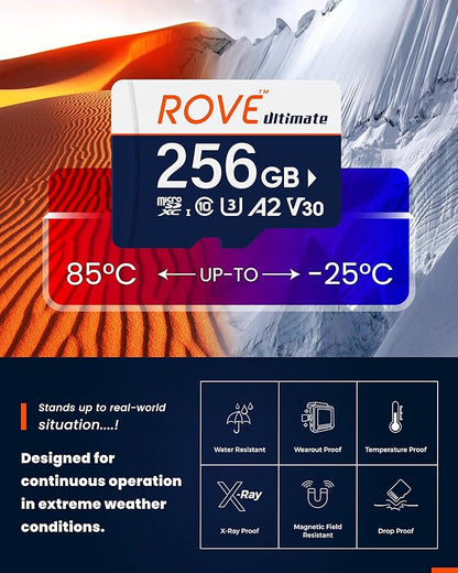 ROVE Ultimate Micro SD Card microSDXC 256GB Memory Card with USB 3.2 Type C Card Reader 170MB/s C10, U3, V30, 4K, A2 for Dash Cam, Android Smart Phones, Tablets, Games
