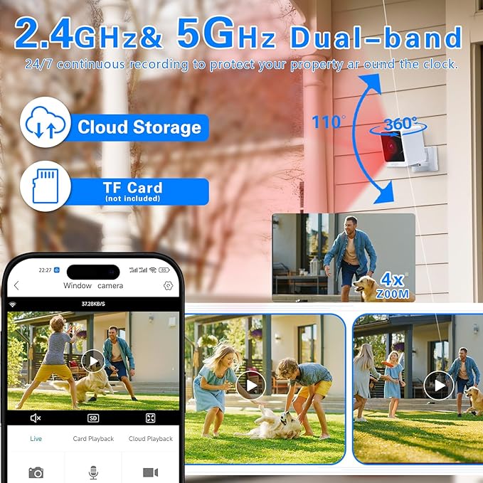 Swingers 3MP 2K Window Camera,2.4GHz & WiFi Indoor Cameras for Home Security with Phone app,Person & Motion Detection,Night Vision,Easy & Quick Install (2 Pack)