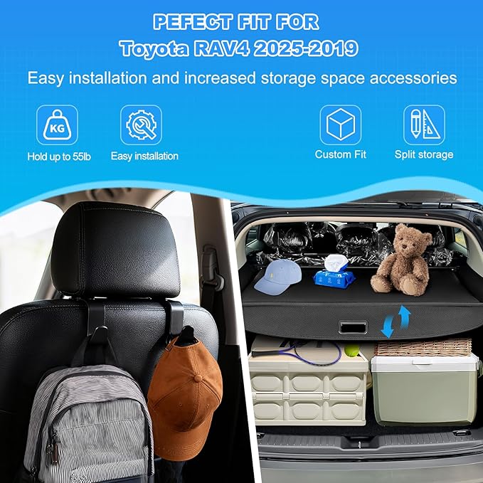 AUXKO Retractable Cargo Cover for Toyota RAV4 2025-2019, Cargo Trunk Cover Luggage Security Shade Cover for 2025 2024 2023 Toyota RAV4 Shielding Shade Anti-Peeping Luggage Privacy Screen, Carbon Fiber