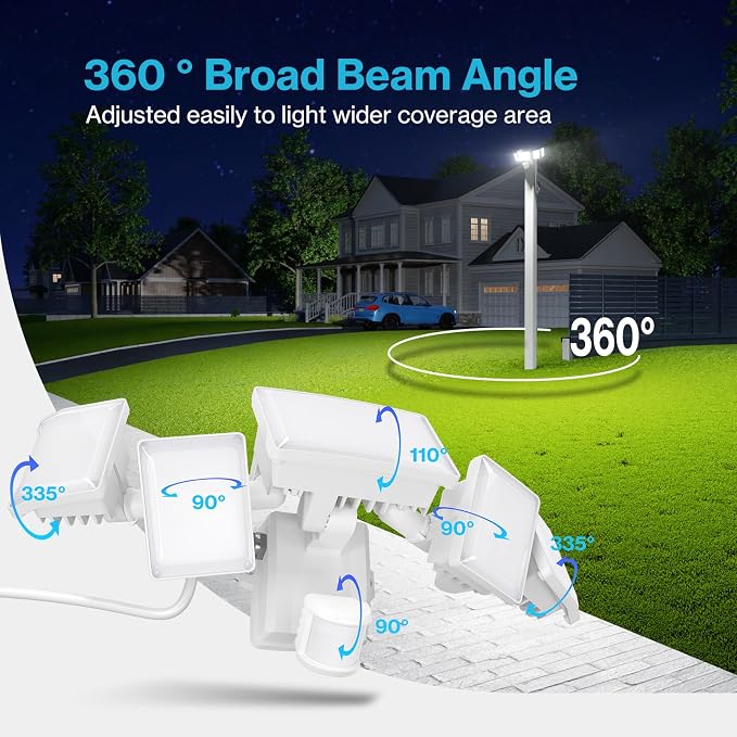 Olafus 180W Motion Sensor Outdoor Light Plug in, 18000LM Motion Flood Light Dusk to Dawn, IP65 Waterproof Exterior LED Security Lights, 5 Heads Motion Detector Yard Lights for Garage Backyard - White