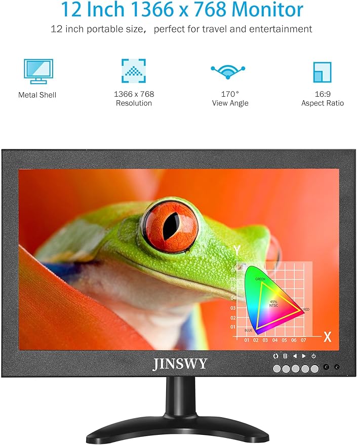 12" Mini Security Monitor, IPS 1366x768 Metal Screen, HDMI/VGA/AV/BNC/USB Input, Built-in Speakers & Remote, Small Monitor for CCTV Surveillance and Security Systems