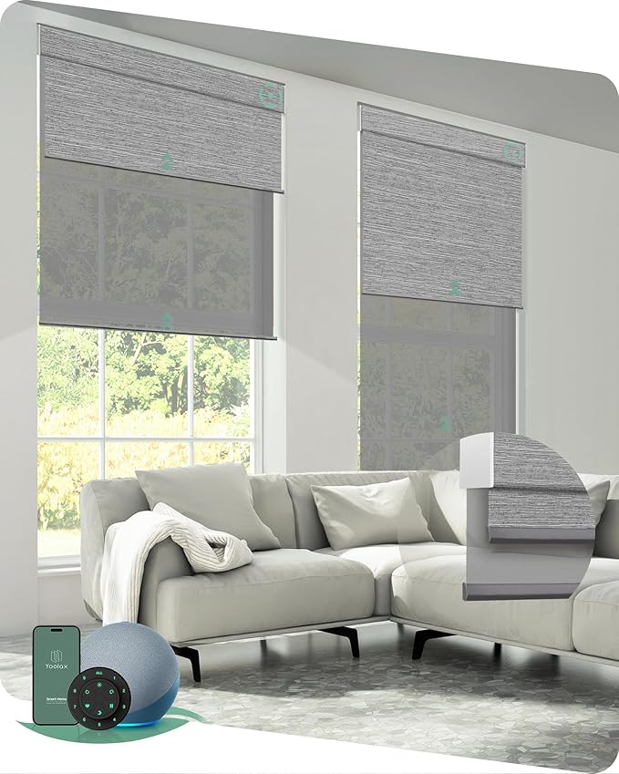Yoolax Smart Dual Roller Shades, Motorized Blinds with Remote Smart Blinds Compatible with Alexa, Automatic Dual Shades for Windows Bedroom Living Room (Foggy Grey & 5% Openness Grey)