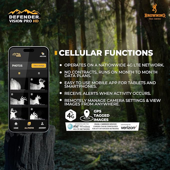 Browning Cellular Trail Camera Defender Vision Pro HD 24MP Trail Cam OVIX Camo Pattern Dual SIM Hunting Game Trail Camera, 110' Night Detection Range & Smartphone Cpompatible Camera