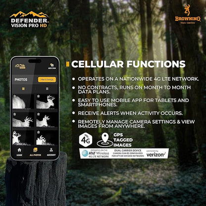 Browning Cellular Trail Camera Defender Vision Pro HD 24MP Trail Cam OVIX Camo Pattern Dual SIM Hunting Game Trail Camera, 110' Night Detection Range & Smartphone Cpompatible Camera