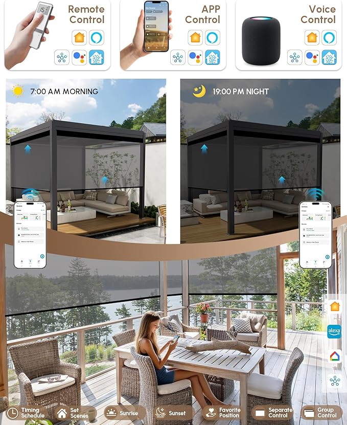 Kincmo Motorized Outdoor Shades for Patio Porch, Custom Outdoor Motorized Blinds with Remote, Waterproof & Windproof Patio Shades Work with Apple Homekit,Alexa,Google (5% Openness Grey)