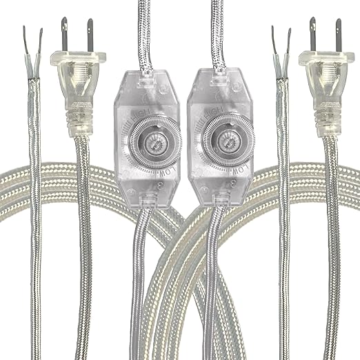 Royal Designs, Inc. Lamp Cord Molded Plug with Dimmer Switch, Stripped Ends Ready for Wiring, 8 ft Long, Silver, SPT-1 UL Listed, Set of 2 (CO-5001D-SL-8-2)