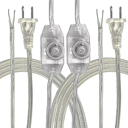 Royal Designs, Inc. Lamp Cord Molded Plug with Dimmer Switch, Stripped Ends Ready for Wiring, 8 ft Long, Silver, SPT-1 UL Listed, Set of 2 (CO-5001D-SL-8-2)