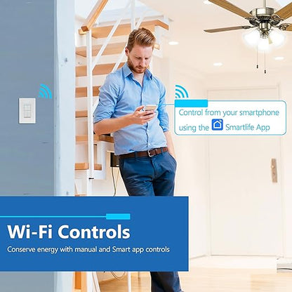 LIDER Smart Fan Switch, 2.4GHz Wi-Fi Combination Dimmer Switch with 4-Speed Fan Control, Single Pole, Neutral Wire Required, 120V, 300W Incandescent, 150W CFL/LED, UL Listed, White