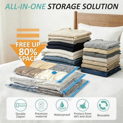 Vacuum Storage Bags with Hand Pump, Vacuum Seal Space Saver Bags,12 Medium | 80% Space-Saving Bags for Clothes, Pillows & Bedding; Double-Zip Airtight Seal; For Luggage, Home & Travel Storage