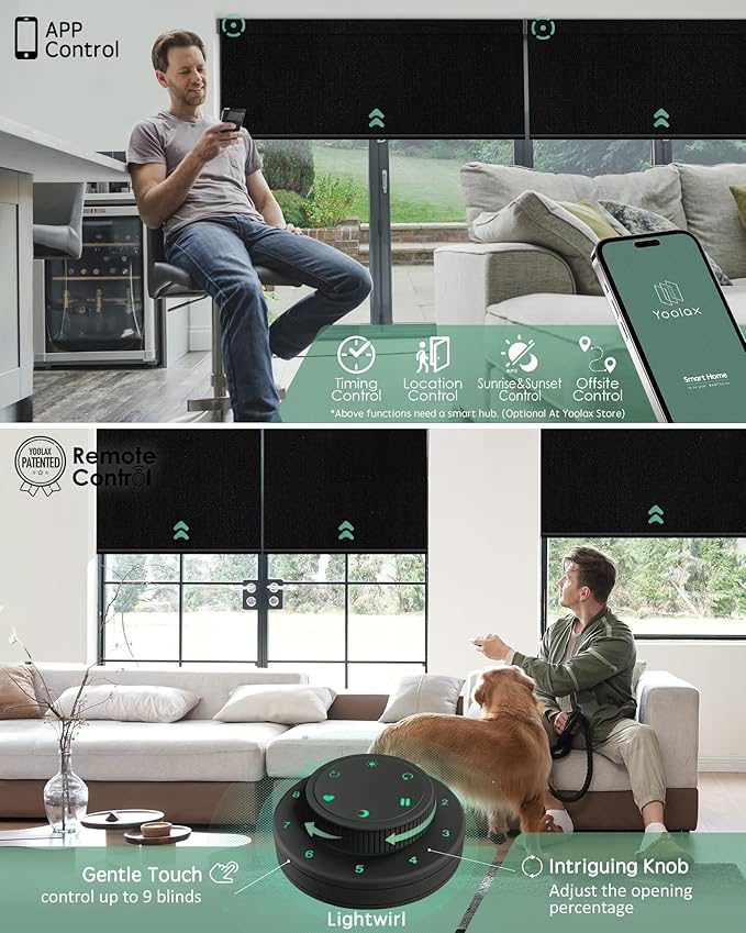Yoolax Motorized Blinds with Remote, 100% Blackout Smart Blinds Work with Alexa, Google, Apple Homekit, Motorized Shades for Bedroom, Custom Electric Shades Voice Control (Fabric Black)