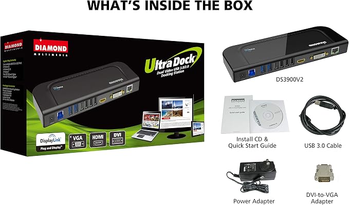 Diamond Multimedia Dual Video Output, USB 3.0/2.0 Universal Docking Station with Gigabit Ethernet, HDMI, DVI, Audio for Windows 11, MacOS and Android 5.0+. Display Link Certified DL-3900 Chip