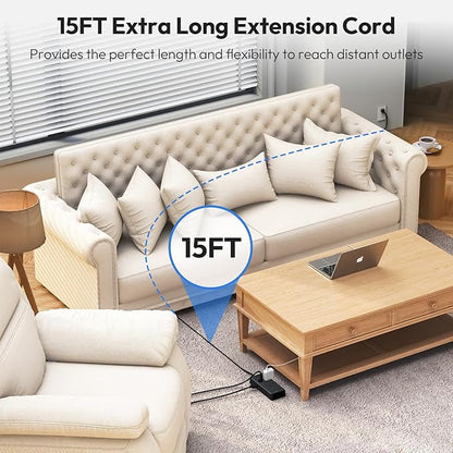 Extension Cord 15FT, NTONPOWER Long Cord Power Strip with USB Ports, 12 Outlets & 4 USB Ports (2 USB C), 3 Side Outlet Extender Flat Plug Wall Mounted for Home Office